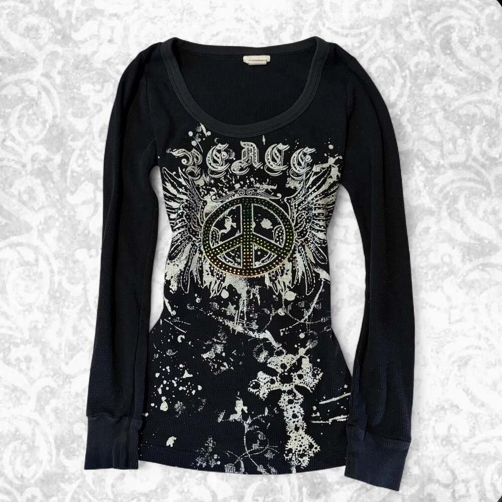 Blu Chic Rhinestone Peace Sign Thermal Top Black